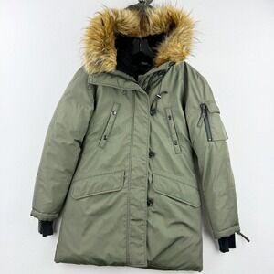 S13 NYC‎ Down Puffer Parka Size SMALL Womens Faux Fur Hooded Olive Green